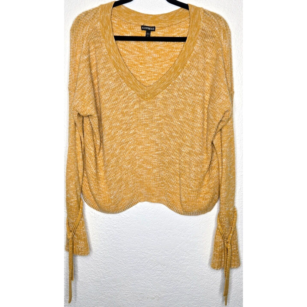 Vintage Express Sweater Small Yellow Slouchy Flare Sleeve Oversized Rib Knit Y2K
